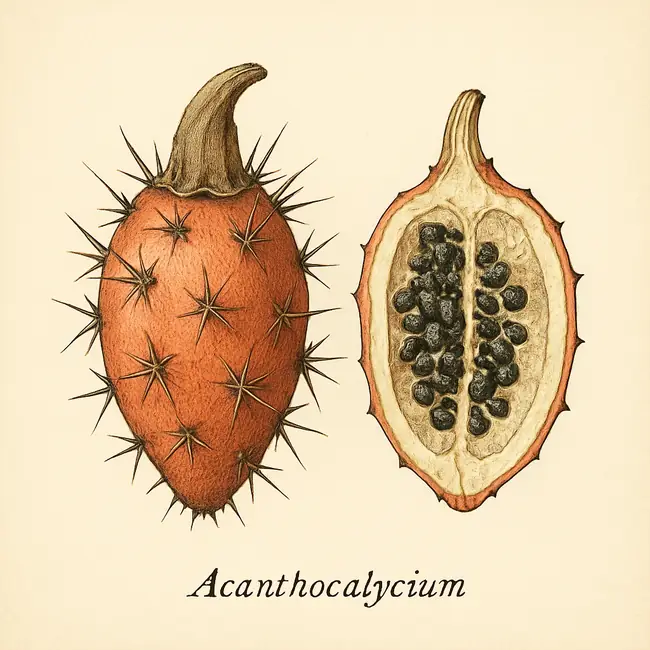 Acanthocalycium – Botanische Illustration von Frucht und Samen