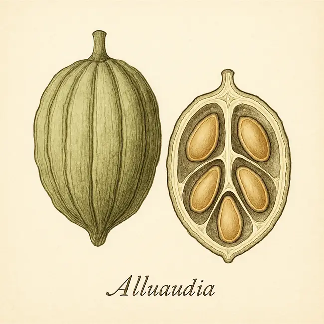 Alluaudia – Botanische Illustration von Frucht und Samen