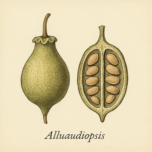 Alluaudiopsis – Botanische Illustration von Frucht und Samen