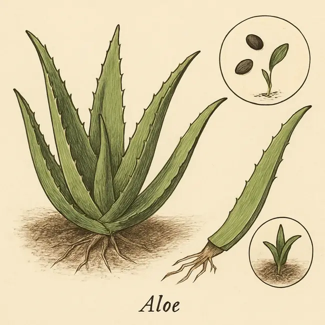 Aloe – Botanische Illustration der Vermehrung
