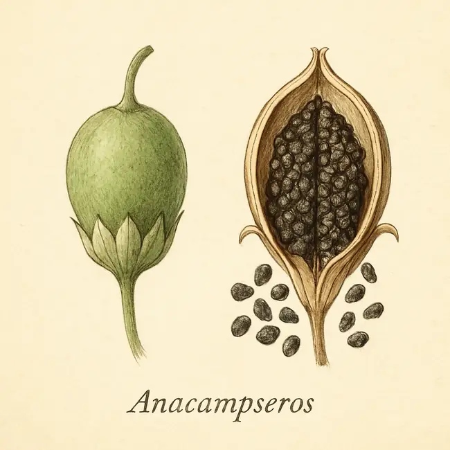 Anacampseros – Botanische Illustration von Frucht und Samen