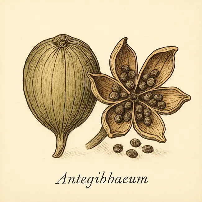 Antegibbaeum – Botanische Illustration von Frucht und Samen