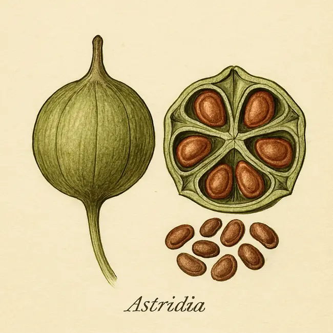 Astridia – Botanische Illustration von Frucht und Samen