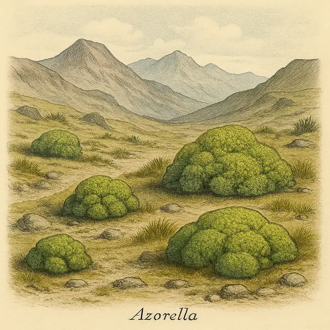 Azorella – Botanische Illustration des natürlichen Lebensraums