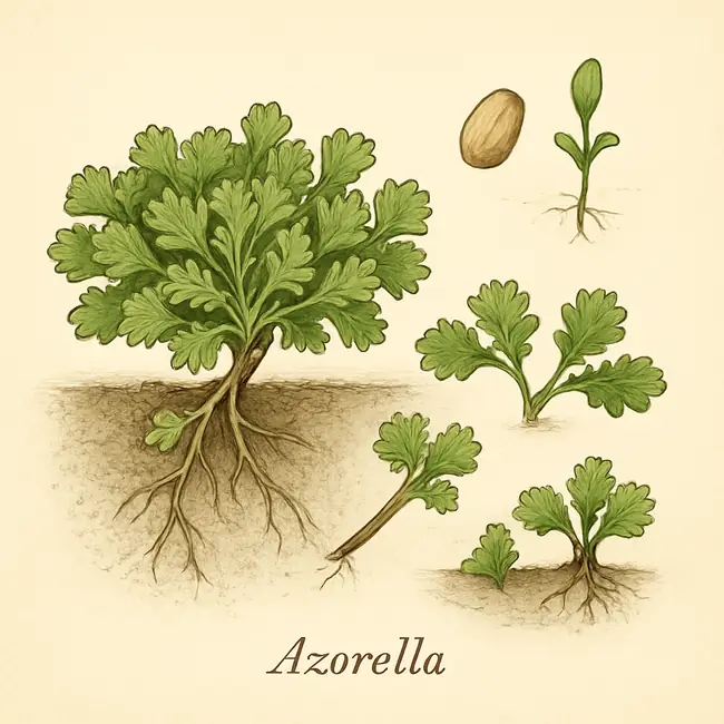 Azorella – Botanische Illustration der Vermehrung