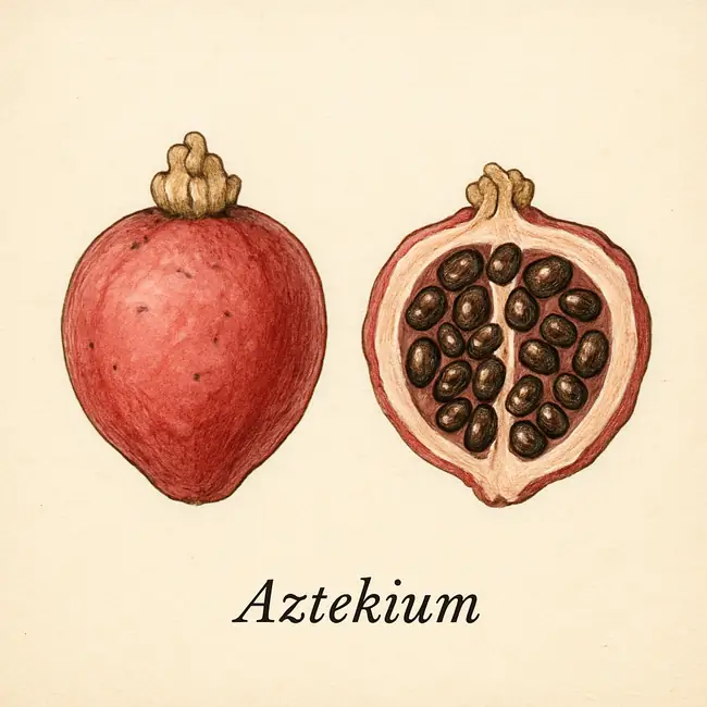Aztekium – Botanische Illustration von Frucht und Samen