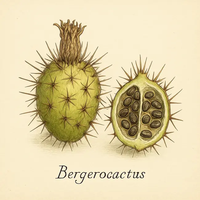 Bergerocactus – Botanische Illustration von Frucht und Samen