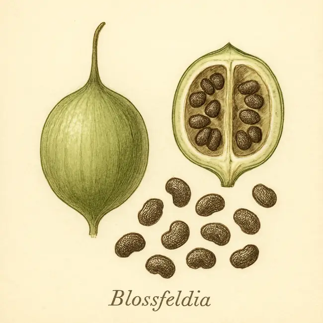 Blossfeldia – Botanische Illustration von Frucht und Samen