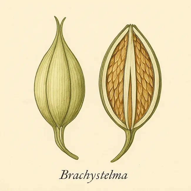 Brachystelma – Botanische Illustration von Frucht und Samen