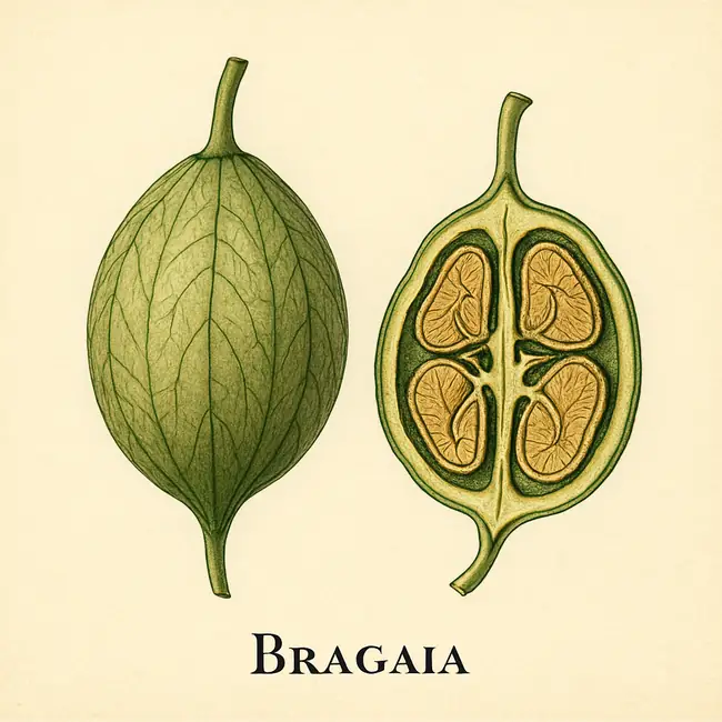 Bragaia – Botanische Illustration von Frucht und Samen