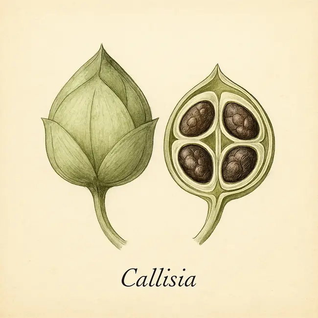 Callisia – Botanische Illustration von Frucht und Samen