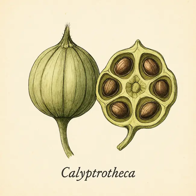 Calyptrotheca – Botanische Illustration von Frucht und Samen