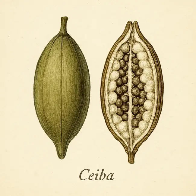 Ceiba – Botanische Illustration von Frucht und Samen
