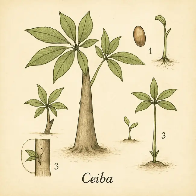 Ceiba – Botanische Illustration der Vermehrung