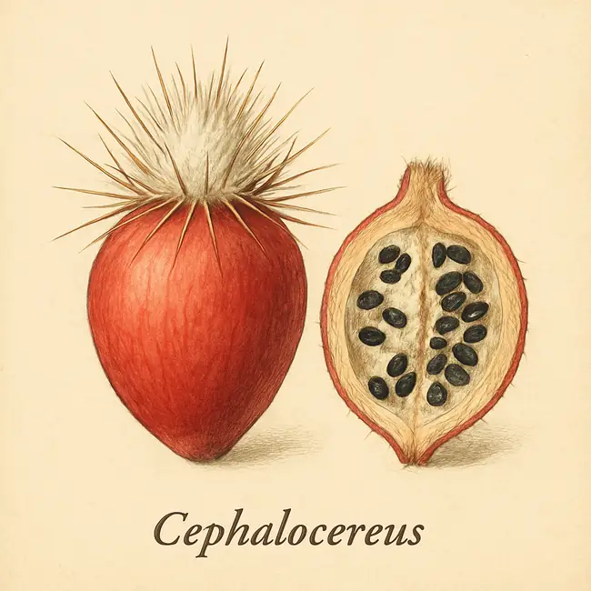 Cephalocereus – Botanische Illustration von Frucht und Samen