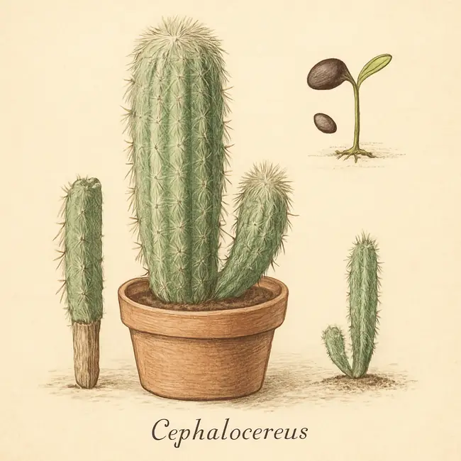 Cephalocereus – Botanische Illustration der Vermehrung