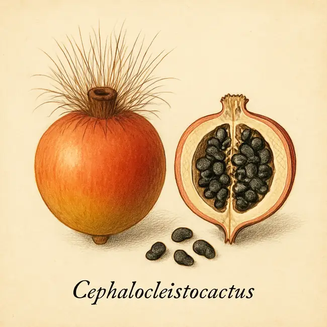 Cephalocleistocactus – Botanische Illustration von Frucht und Samen