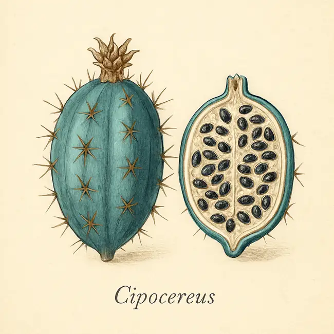 Cipocereus – Botanische Illustration von Frucht und Samen