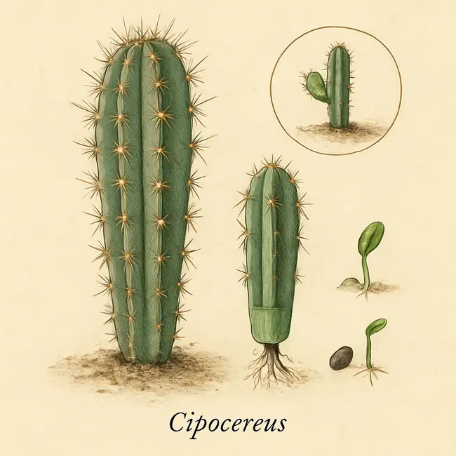 Cipocereus – Botanische Illustration der Vermehrung