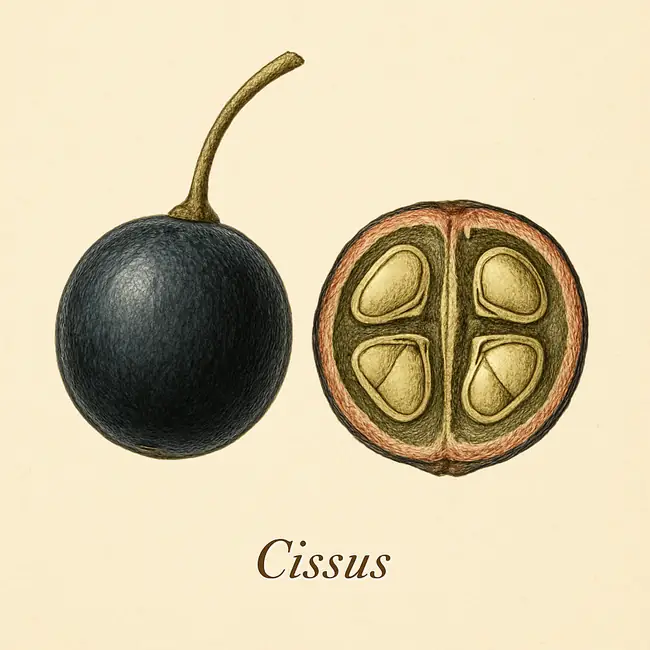Cissus – Botanische Illustration von Frucht und Samen