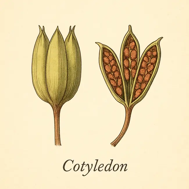 Cotyledon – Botanische Illustration von Frucht und Samen