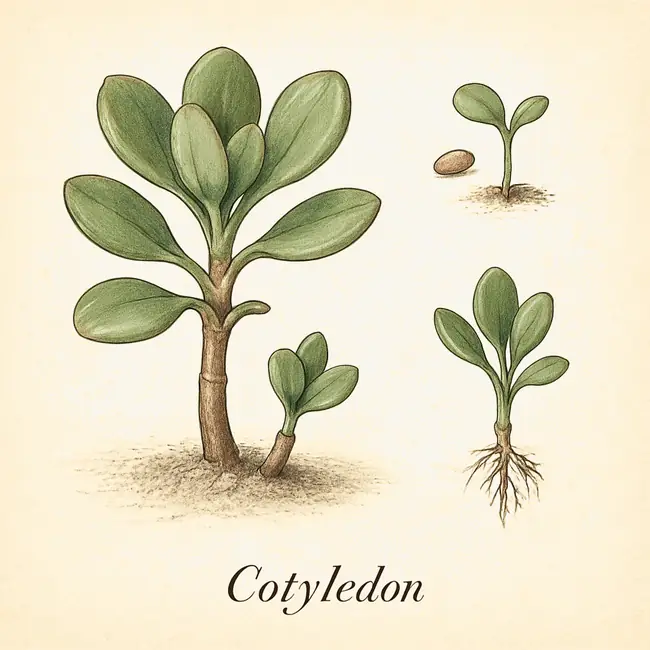 Cotyledon – Botanische Illustration der Vermehrung