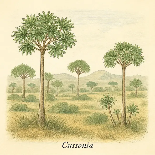 Cussonia – Botanische Illustration des natürlichen Lebensraums