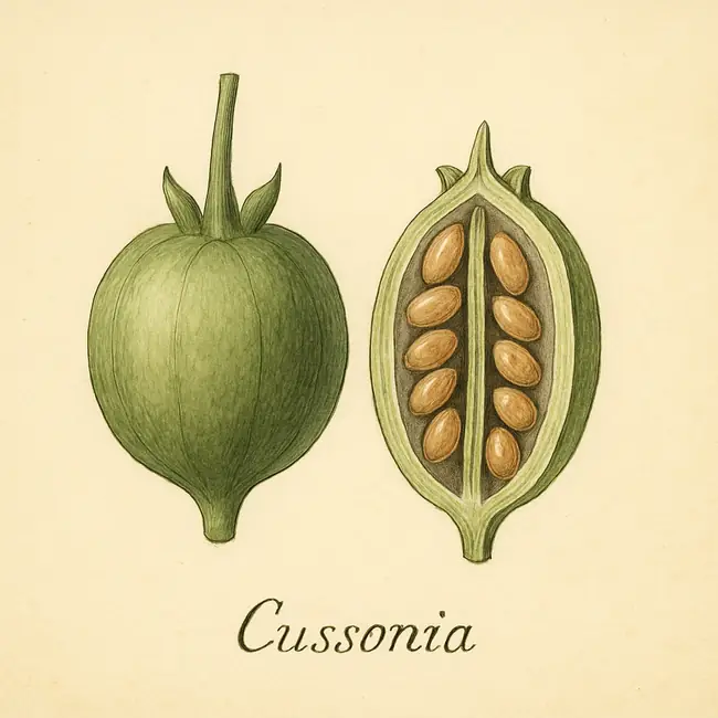 Cussonia – Botanische Illustration von Frucht und Samen