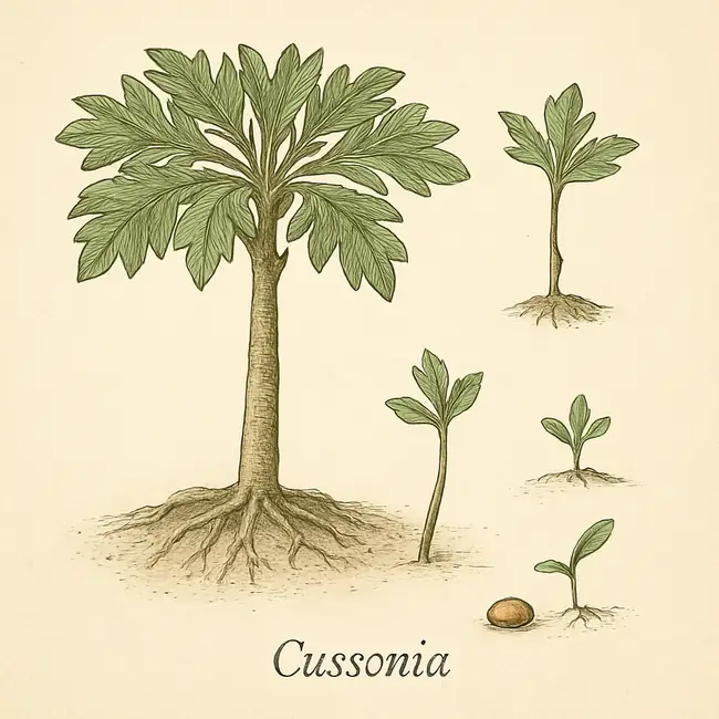 Cussonia – Botanische Illustration der Vermehrung