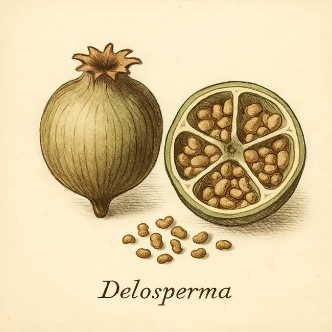 Delosperma – Botanische Illustration von Frucht und Samen