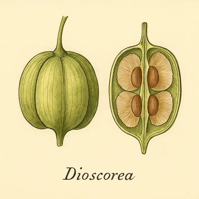 Dioscorea – Botanische Illustration von Frucht und Samen