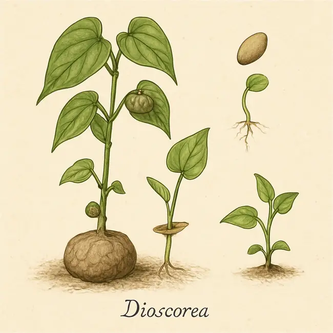 Dioscorea – Botanische Illustration der Vermehrung