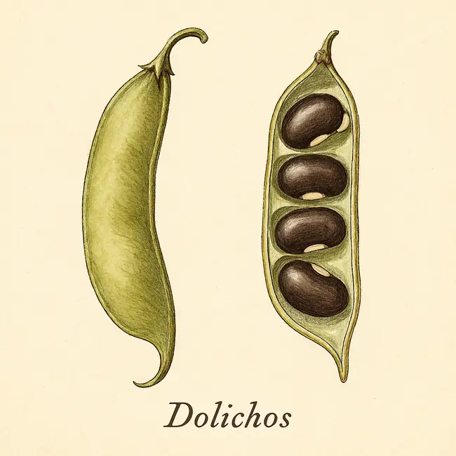 Dolichos – Botanische Illustration von Frucht und Samen