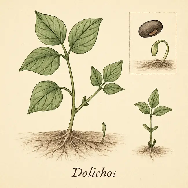 Dolichos – Botanische Illustration der Vermehrung