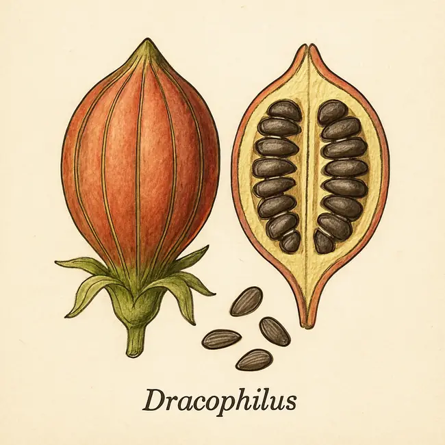 Dracophilus – Botanische Illustration von Frucht und Samen