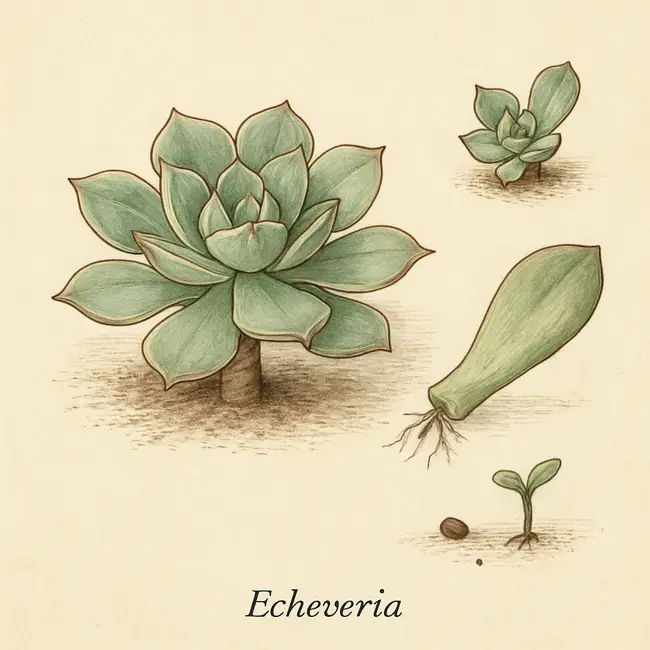 Echeveria – Botanische Illustration der Vermehrung