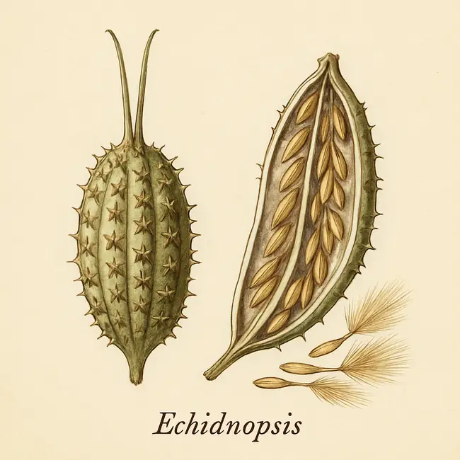 Echidnopsis – Botanische Illustration von Frucht und Samen