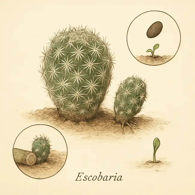 Escobaria – Botanische Illustration der Vermehrung