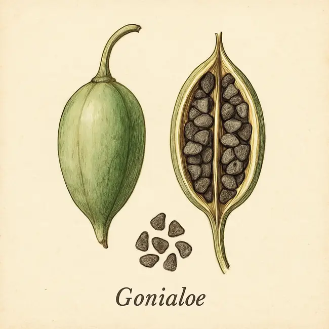 Gonialoe – Botanische Illustration von Frucht und Samen