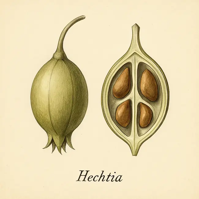 Hechtia – Botanische Illustration von Frucht und Samen