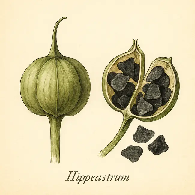 Hippeastrum – Botanische Illustration von Frucht und Samen