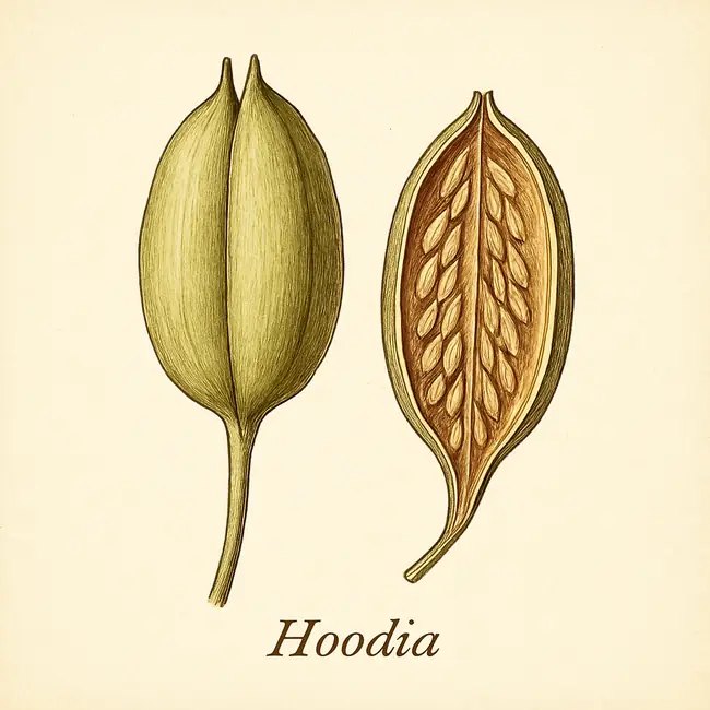 Hoodia – Botanische Illustration von Frucht und Samen