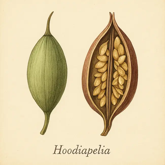 Hoodiapelia – Botanische Illustration von Frucht und Samen