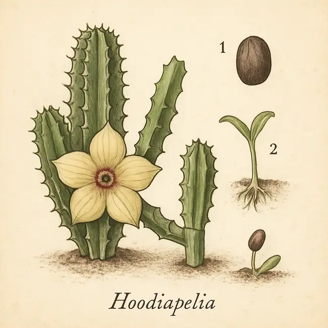 Hoodiapelia – Botanische Illustration der Vermehrung
