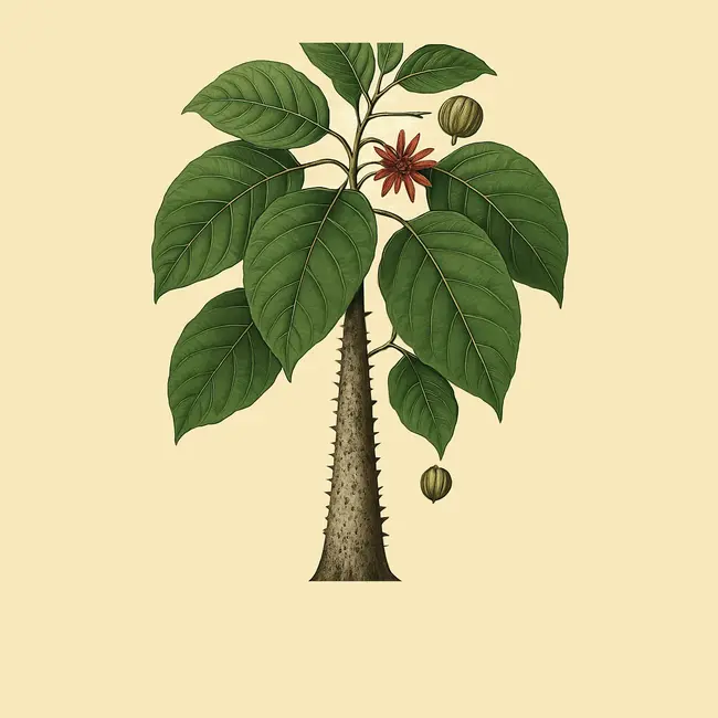 Hura – Botanische Illustration des Habitus