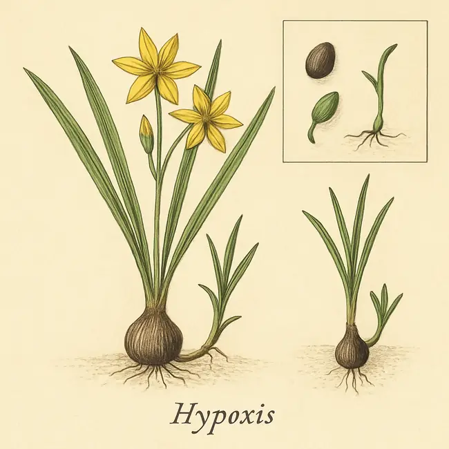 Hypoxis – Botanische Illustration der Vermehrung