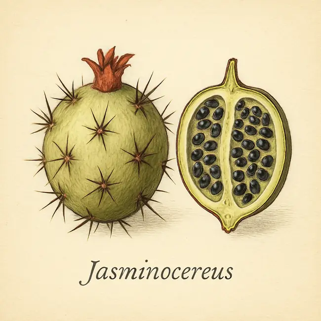 Jasminocereus – Botanische Illustration von Frucht und Samen