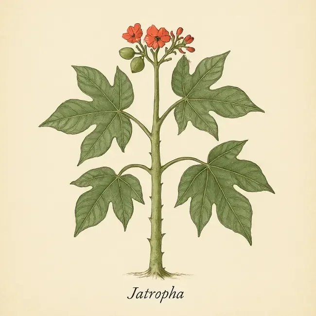 Jatropha – Botanische Illustration des Habitus