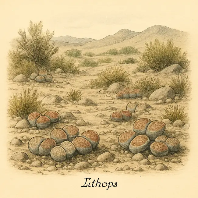 Lithops – Botanische Illustration des natürlichen Lebensraums