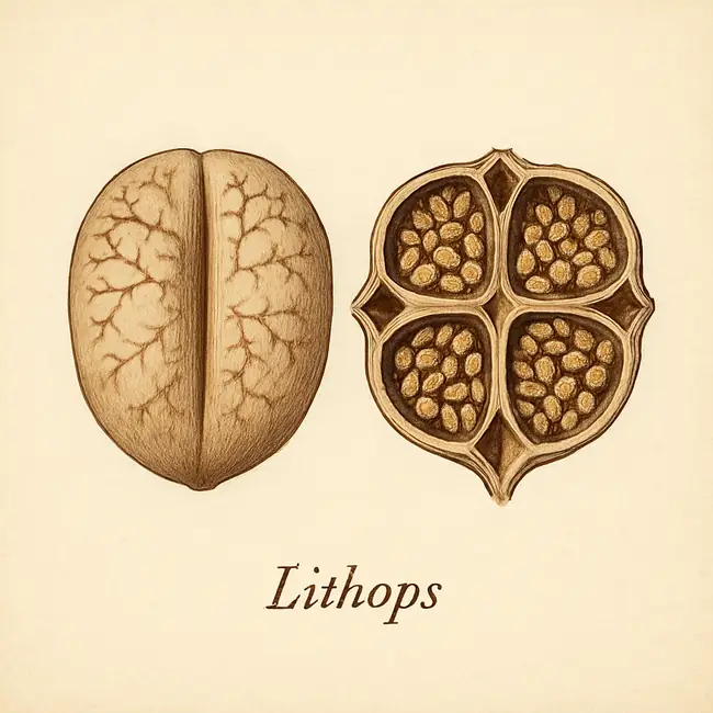 Lithops – Botanische Illustration von Frucht und Samen